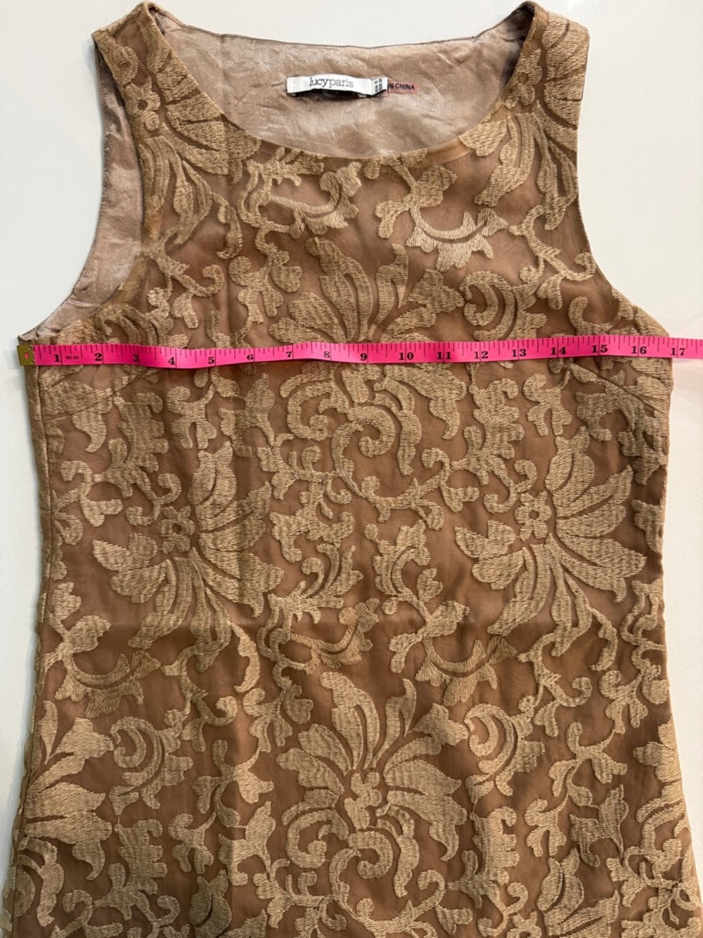 Lucy Paris Sleeveless Lace Shift Dress - Golden Tan/Nude | Size S - Picture 10 of 11